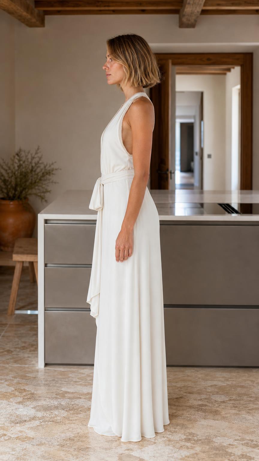 Side profile view of white maxi dress