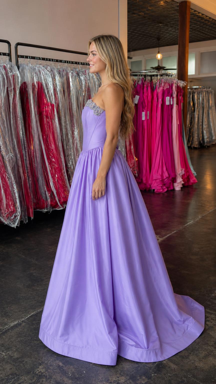 Side profile view of lavender ball gown
