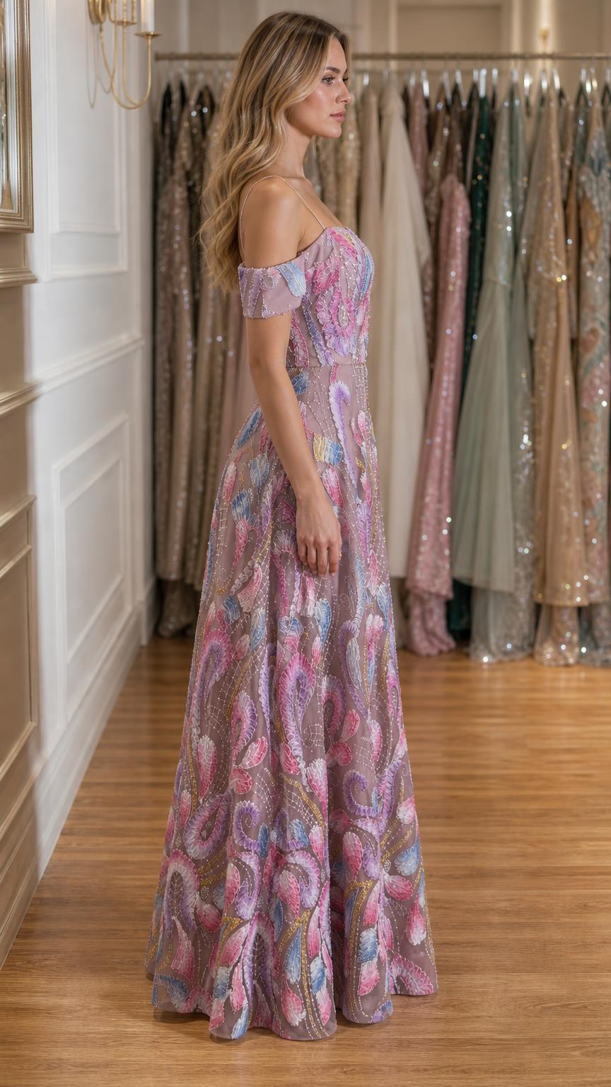 Side profile view of pink evening gown