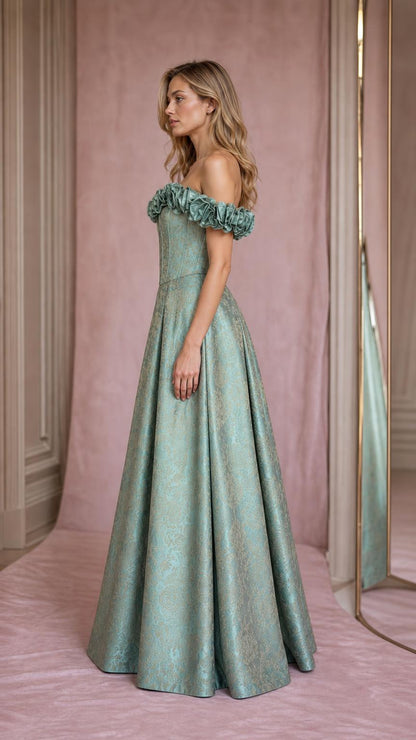Side profile view of sage green evening gown