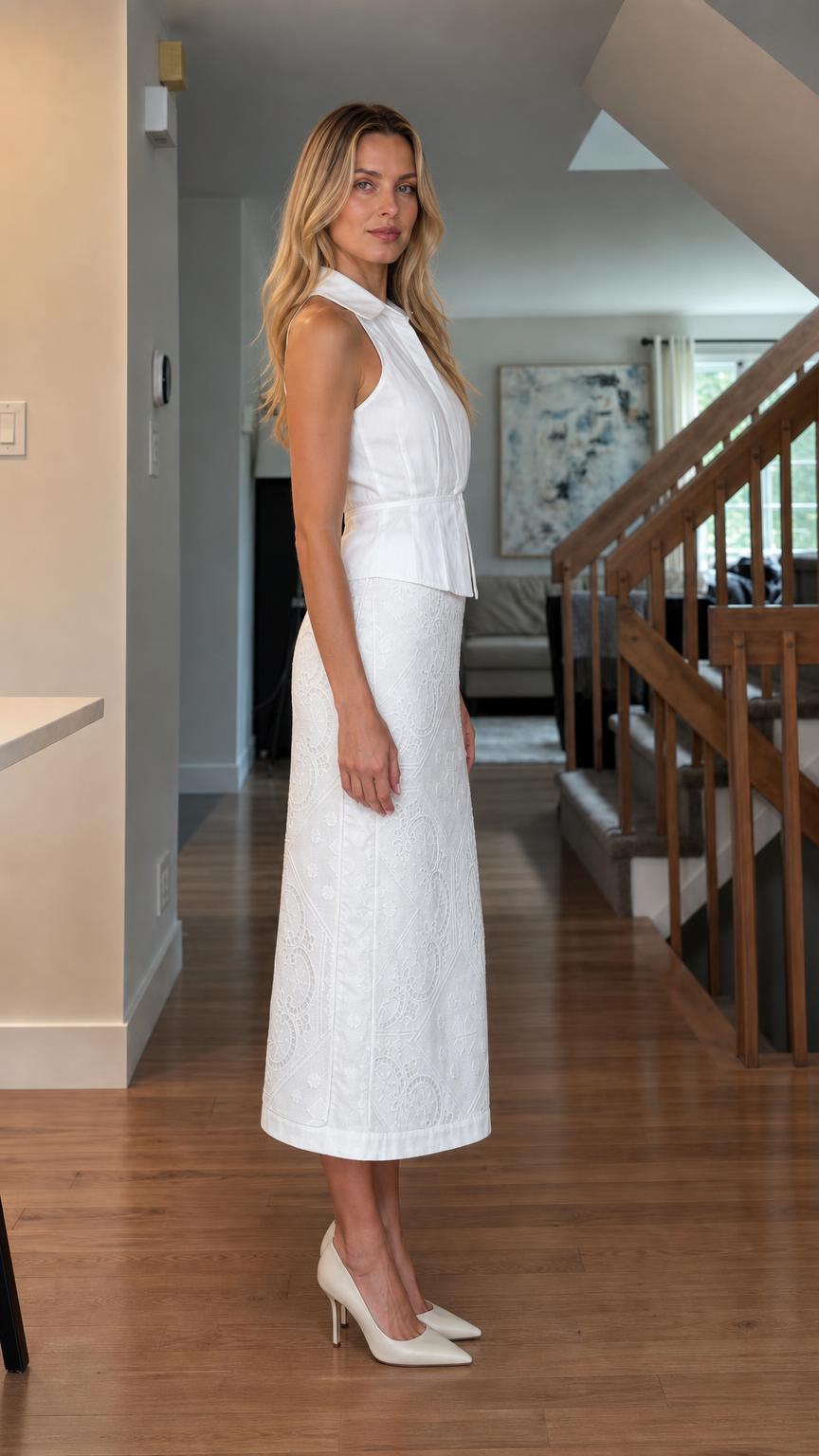 Side profile view of woman in white matching set