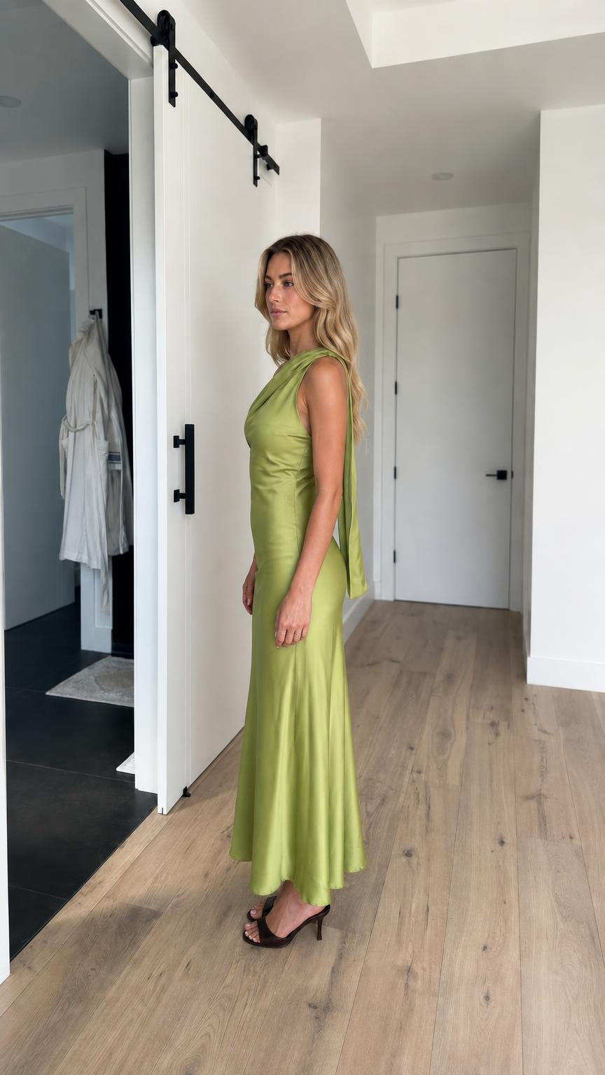 Side view of model in green satin maxi dress