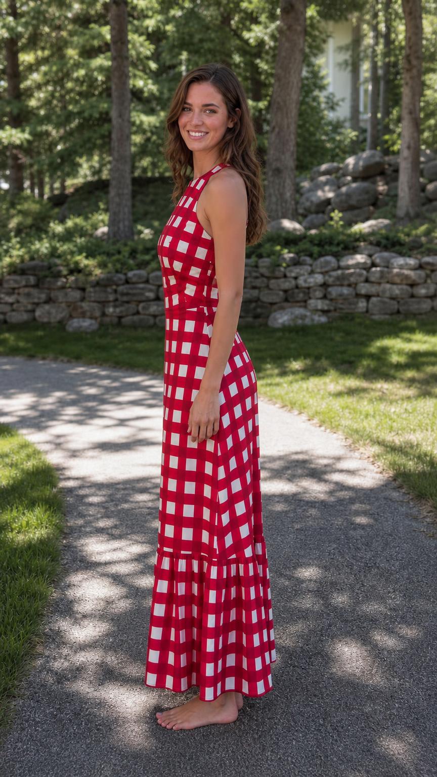 Side profile view of red gingham maxi dress