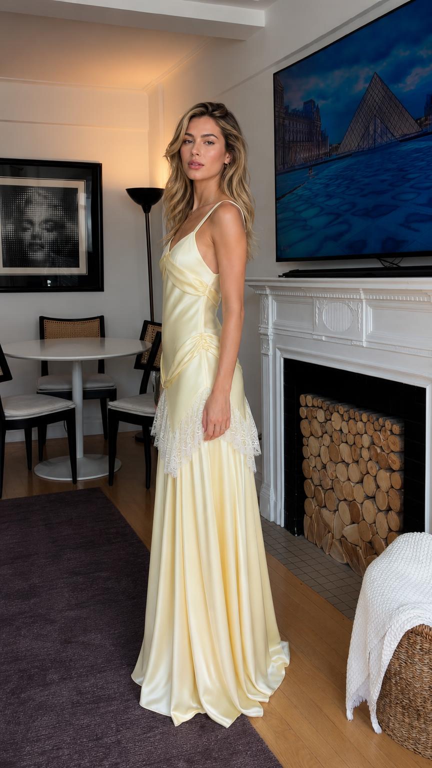 Side profile view of yellow satin maxi dress