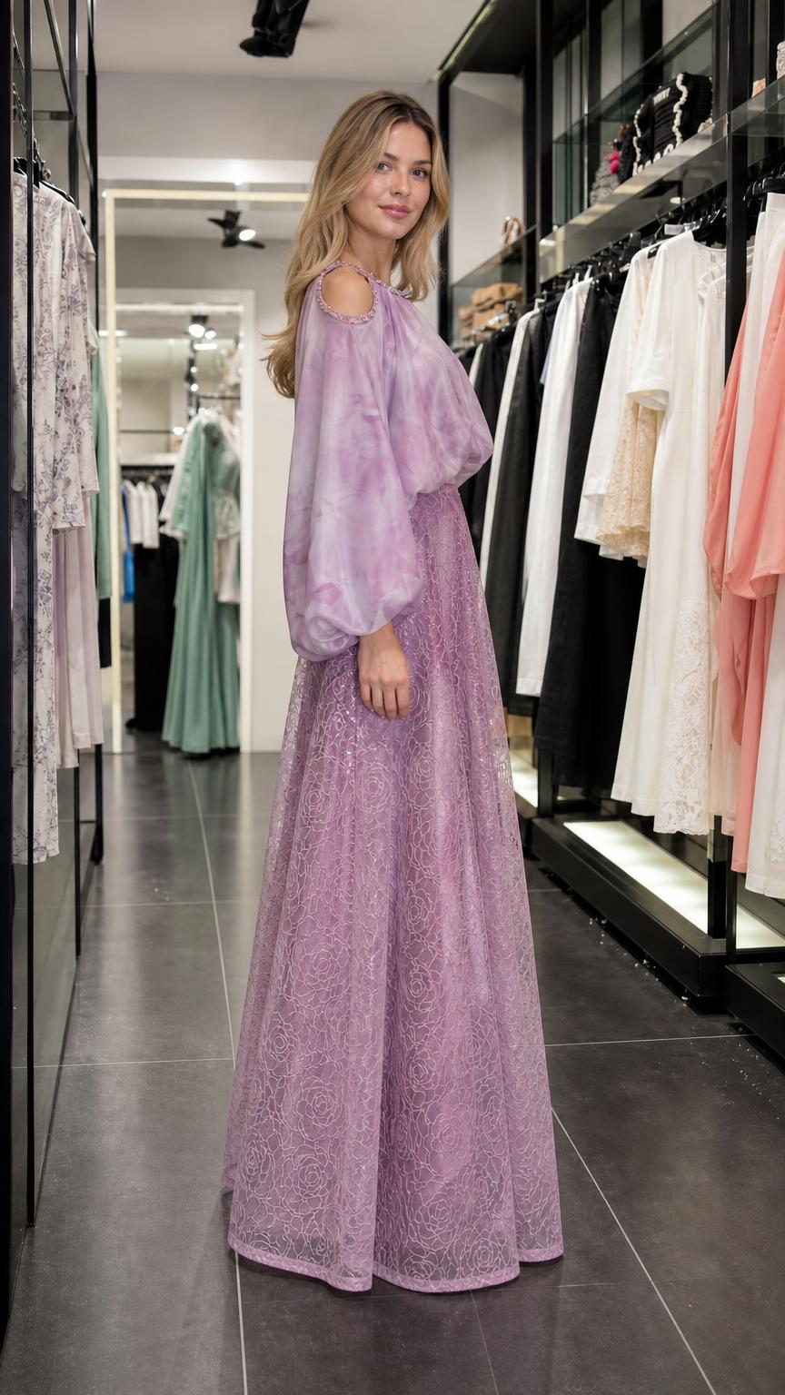 Model wearing lavender set side angle view