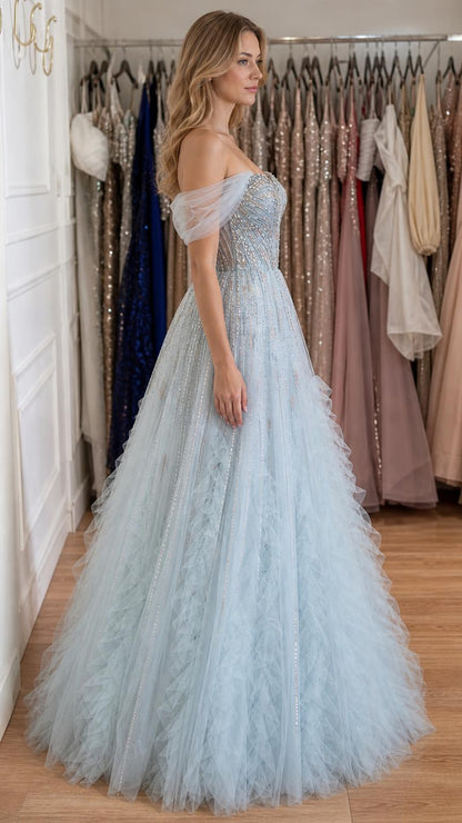 Side view of light blue evening dress showcasing silhouette
