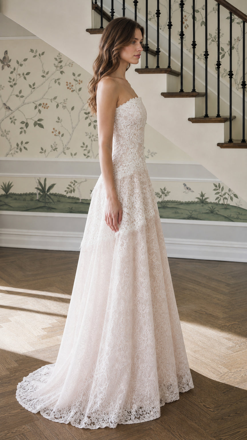 Side profile view of champagne lace evening dress