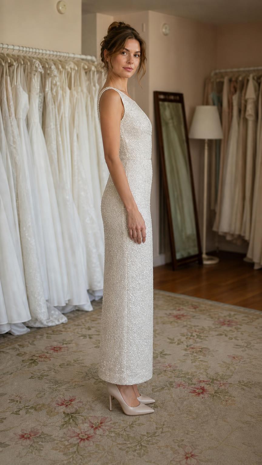 Side profile of ivory sequin evening column dress