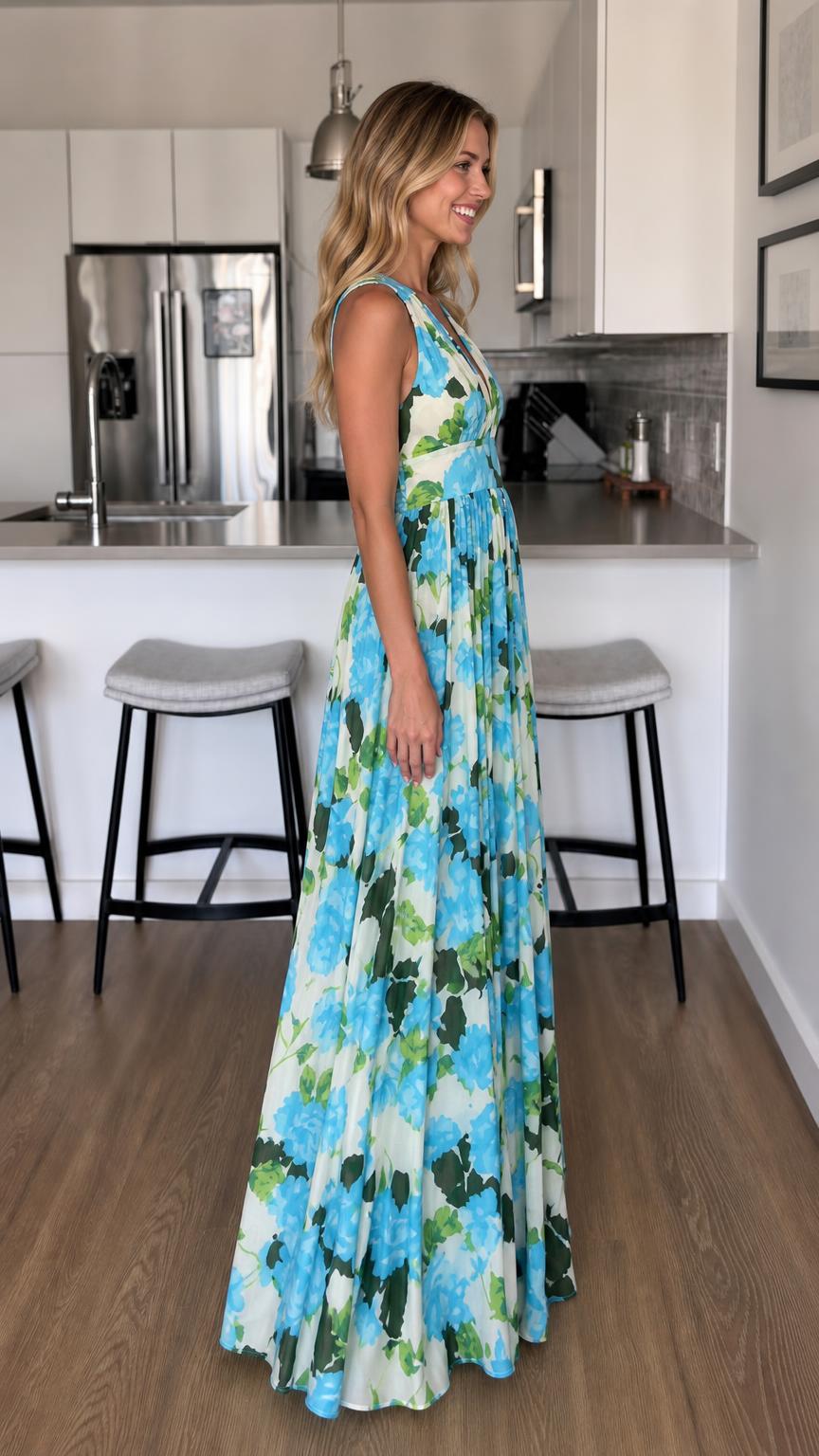 Side view of White/Blue floral maxi dress