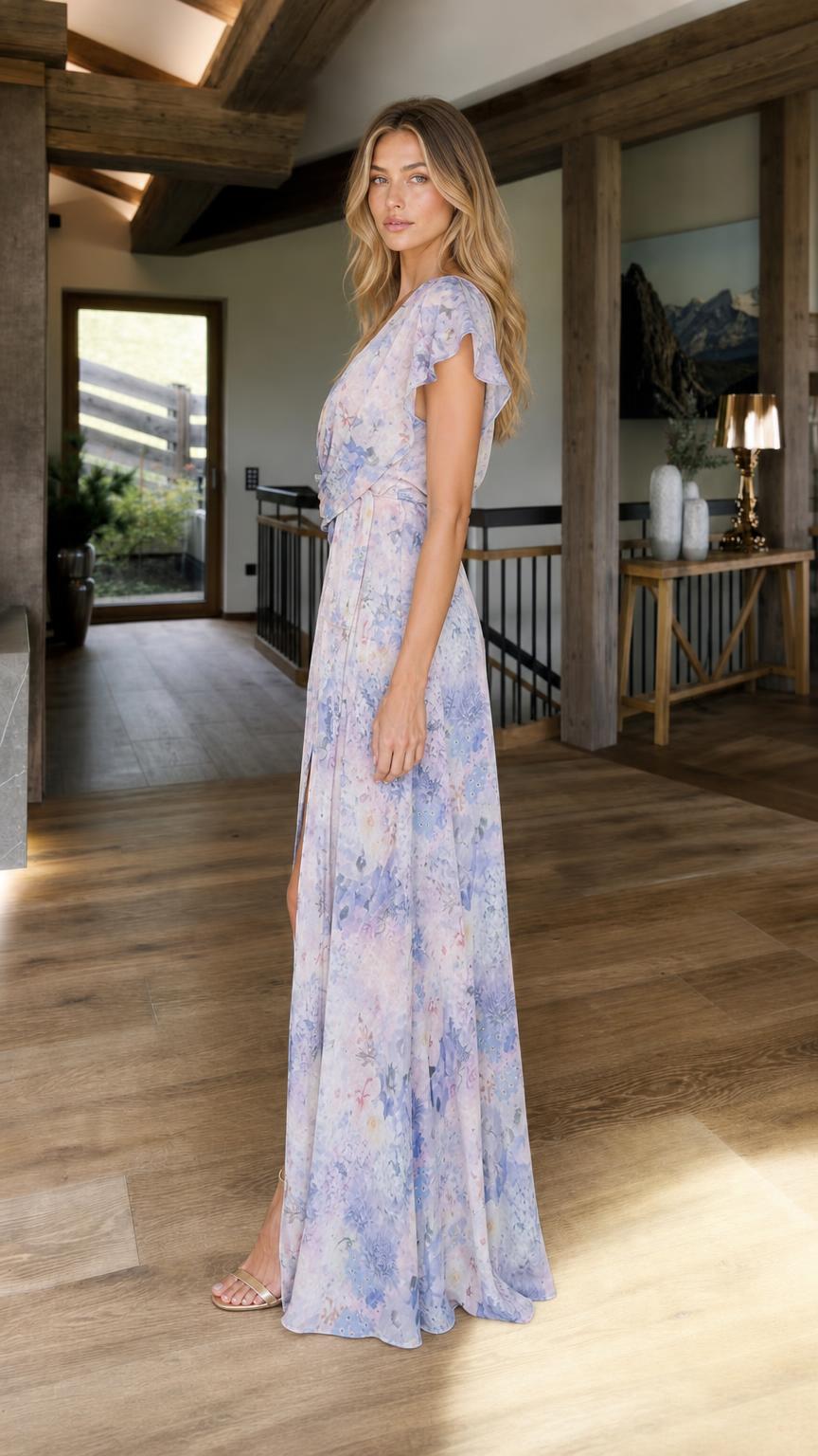 Side profile view of blue multi floral maxi dress