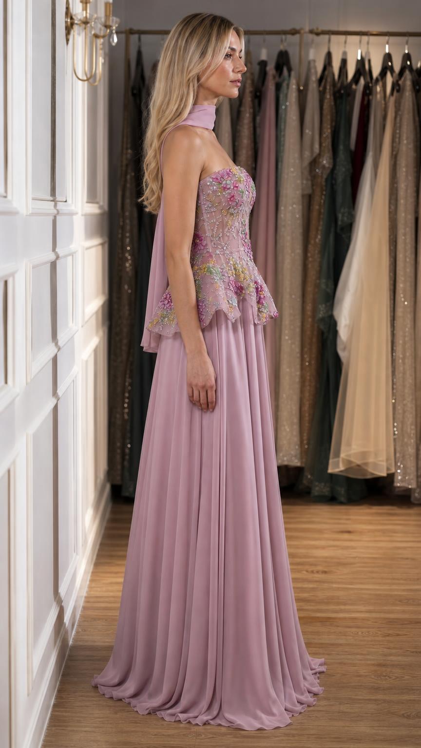 Side profile of mauve evening gown with matching scarf