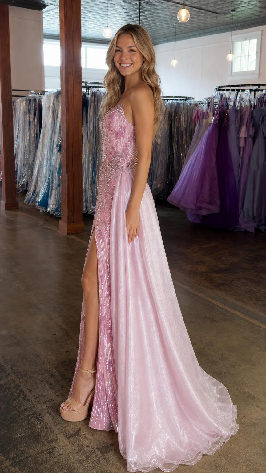 Pink evening gown side profile view showing draped train
