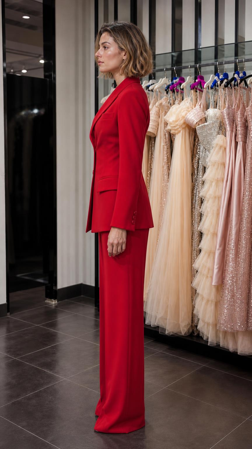 Side profile view of woman wearing red suit