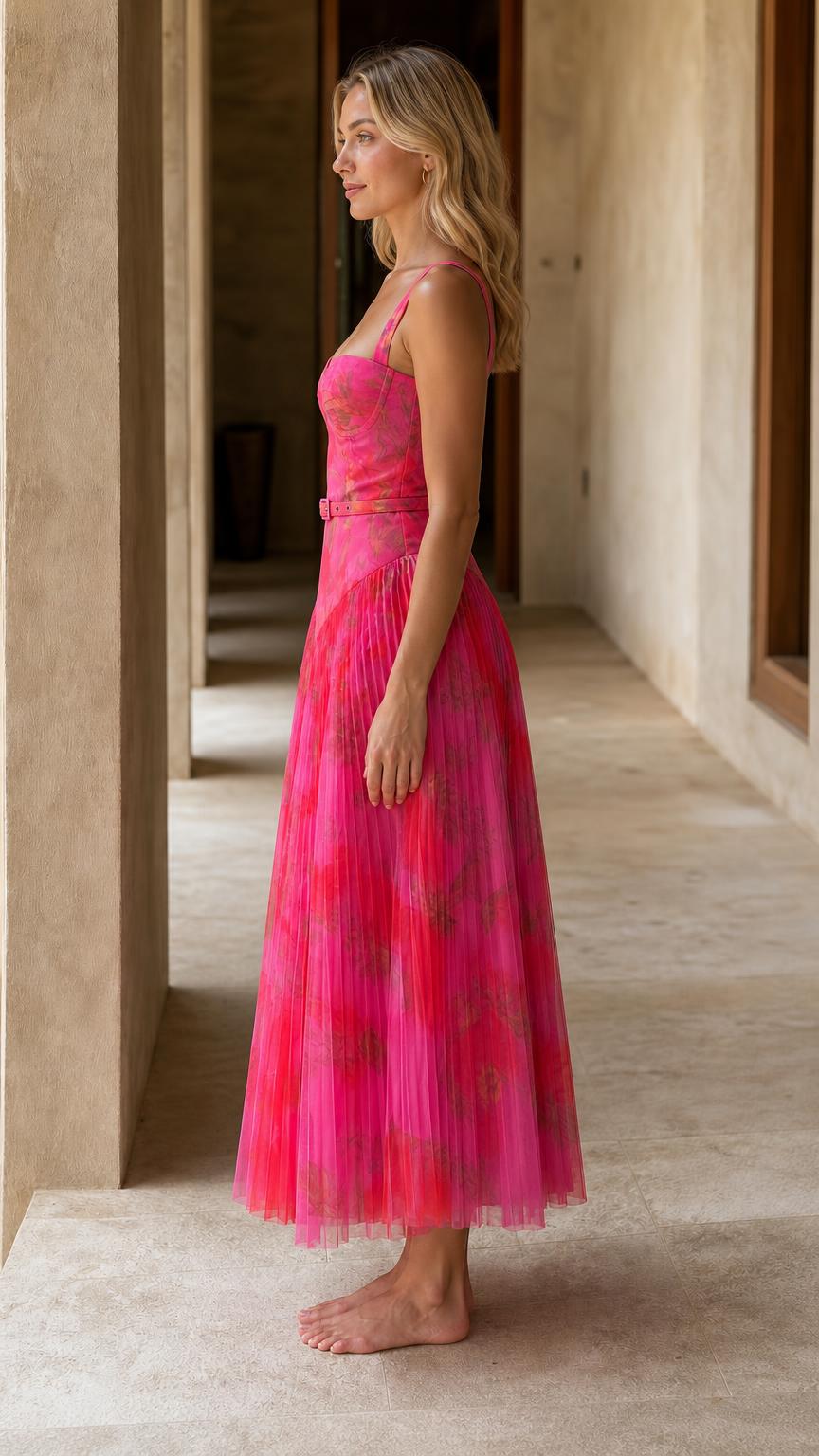 Side view of pink floral pleated midi dress