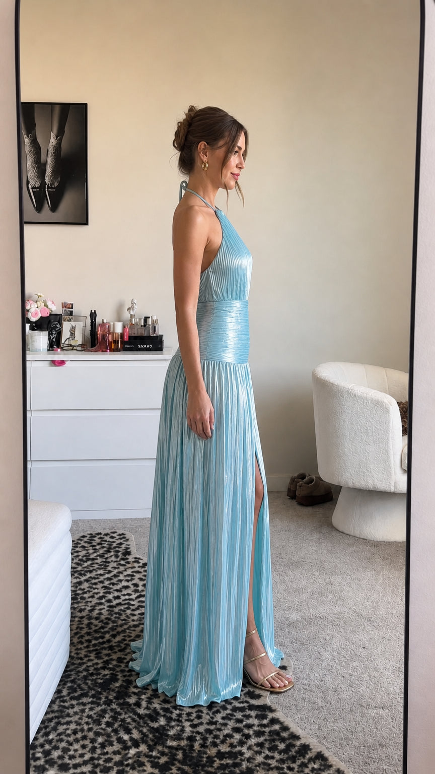 Metallic light blue halter dress side profile view
