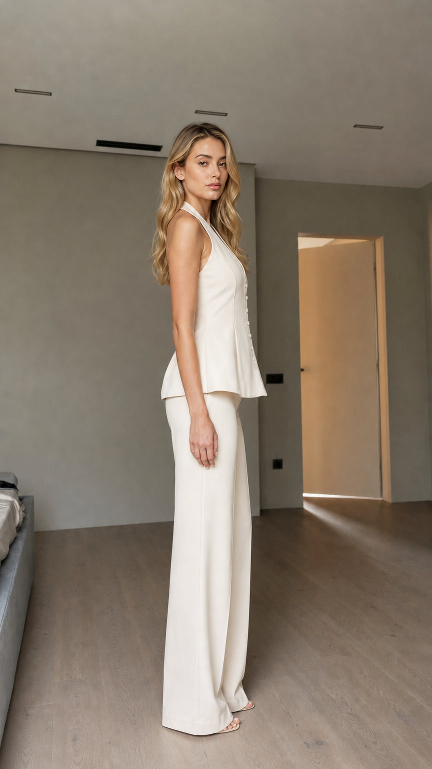 Model wearing white pants set side view