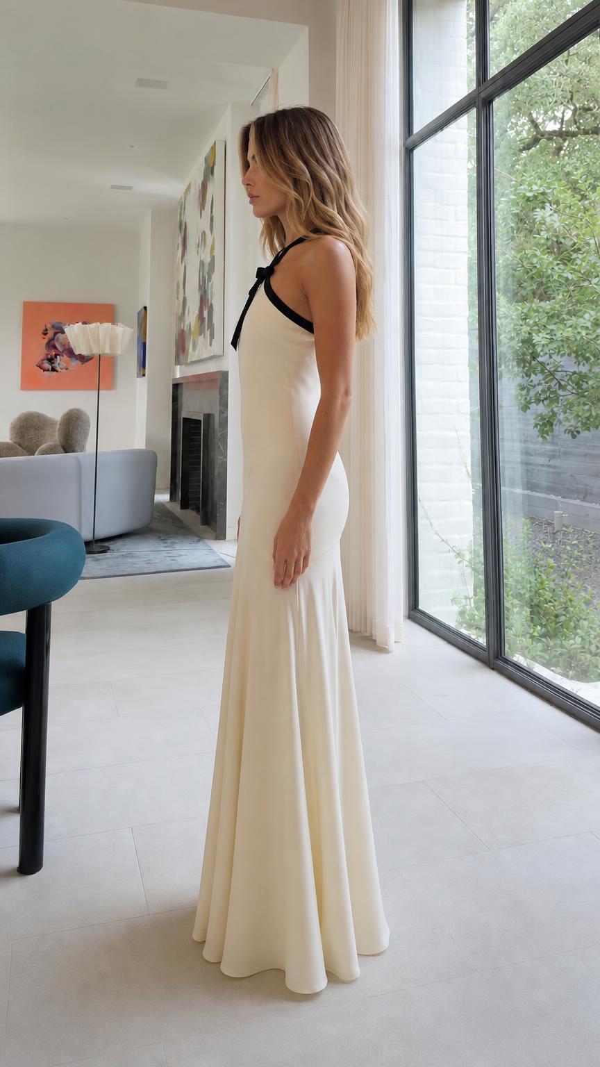 Side profile of Ivory maxi dress