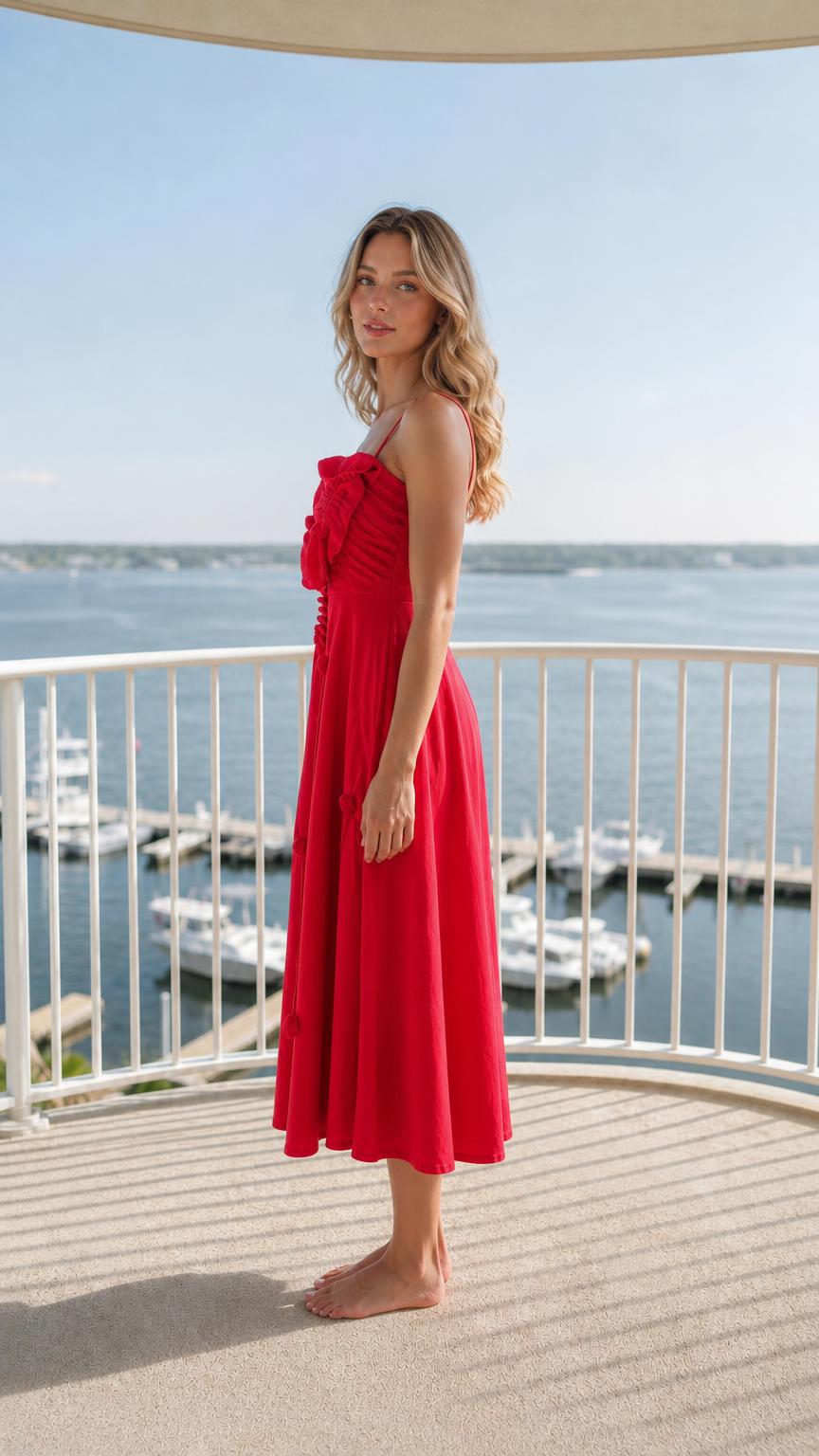 Side view of red midi dress with 3D bodice detail