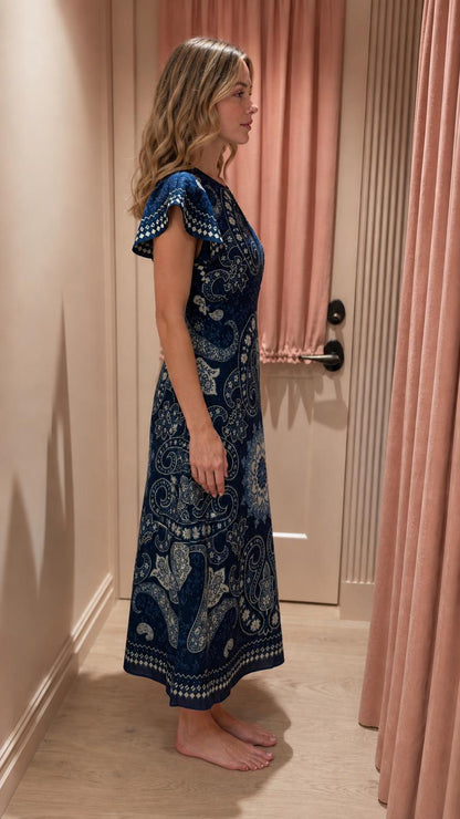 Side profile view of navy midi dress