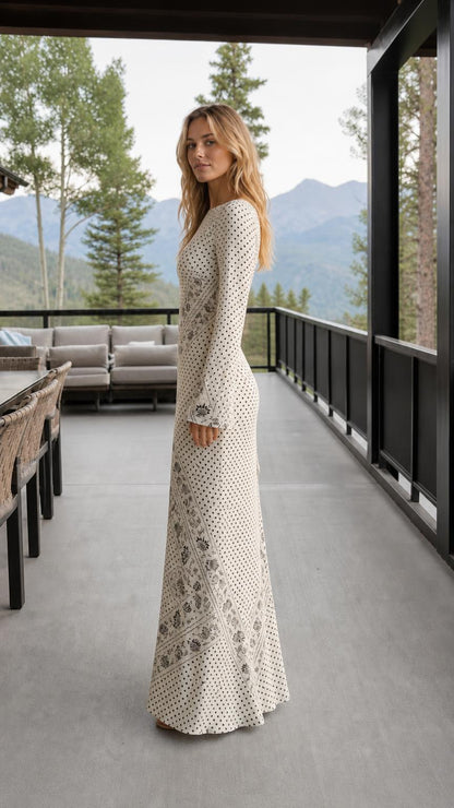 Side view of cream printed long sleeve maxi dress