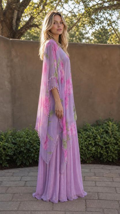 Model wearing lavender floral print maxi kaftan dress from the side