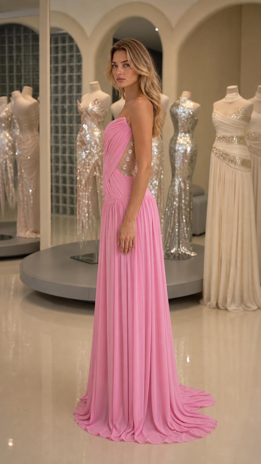 Side profile of pink evening gown with sheer side detail