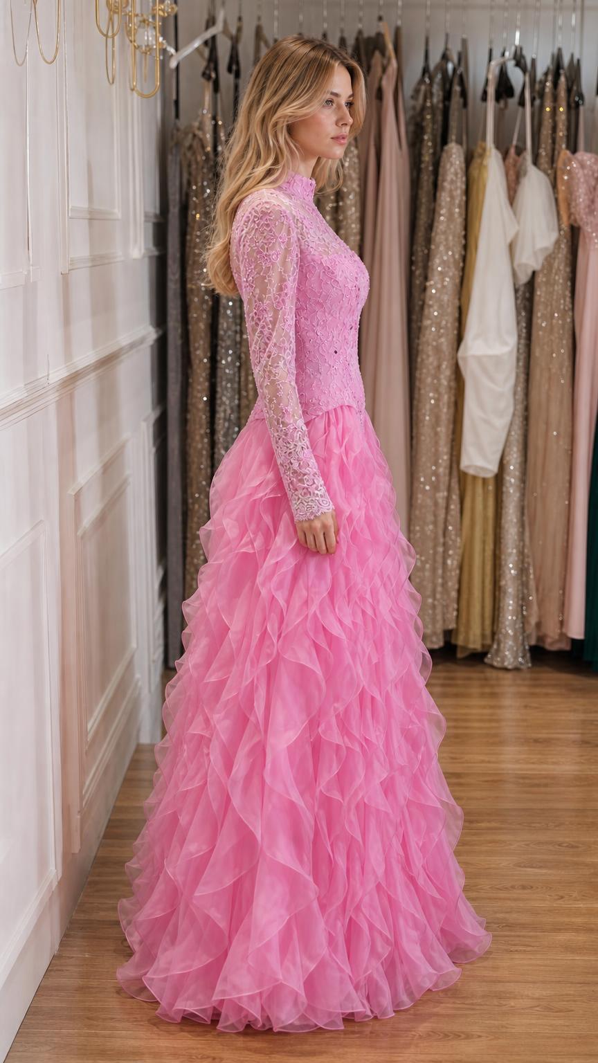 Side profile view of pink evening gown