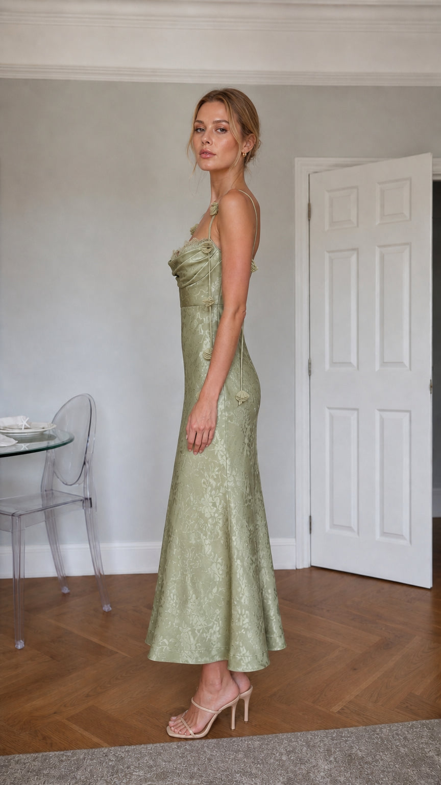 Sage Green satin midi dress side view