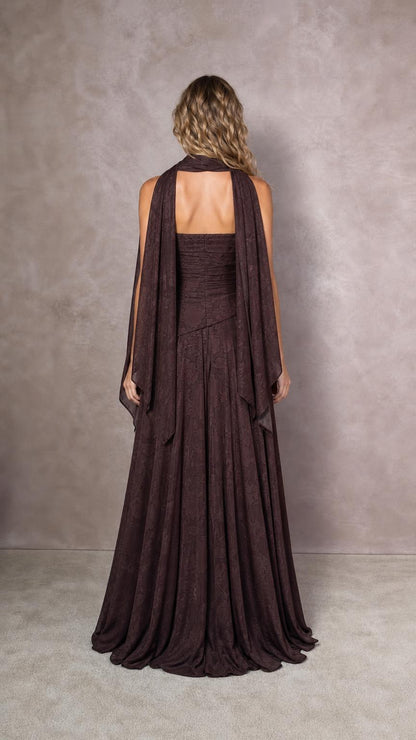 Back view of model showing draped scarf detail on espresso brown dress