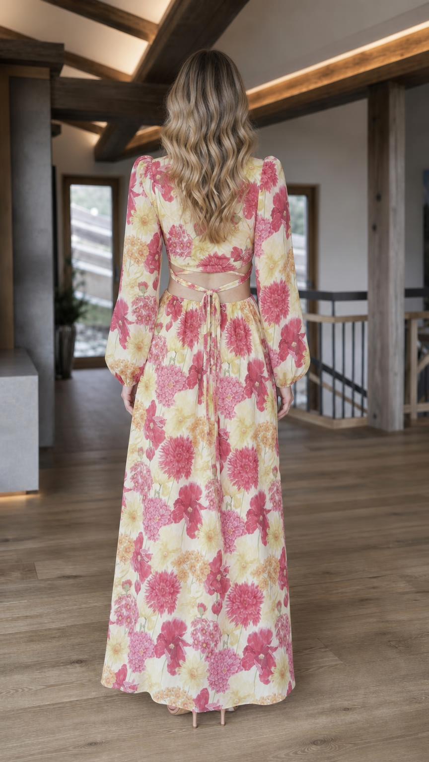 Back view of yellow floral print maxi dress showing back ties