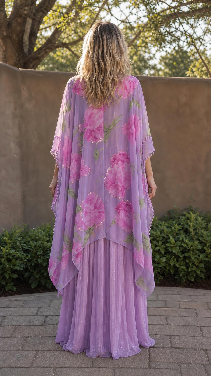 Model wearing lavender floral print maxi kaftan dress from the back