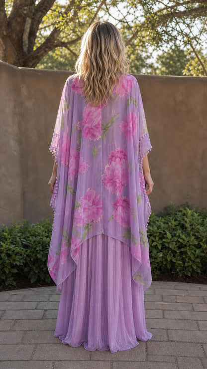 Model wearing lavender floral print maxi kaftan dress from the back