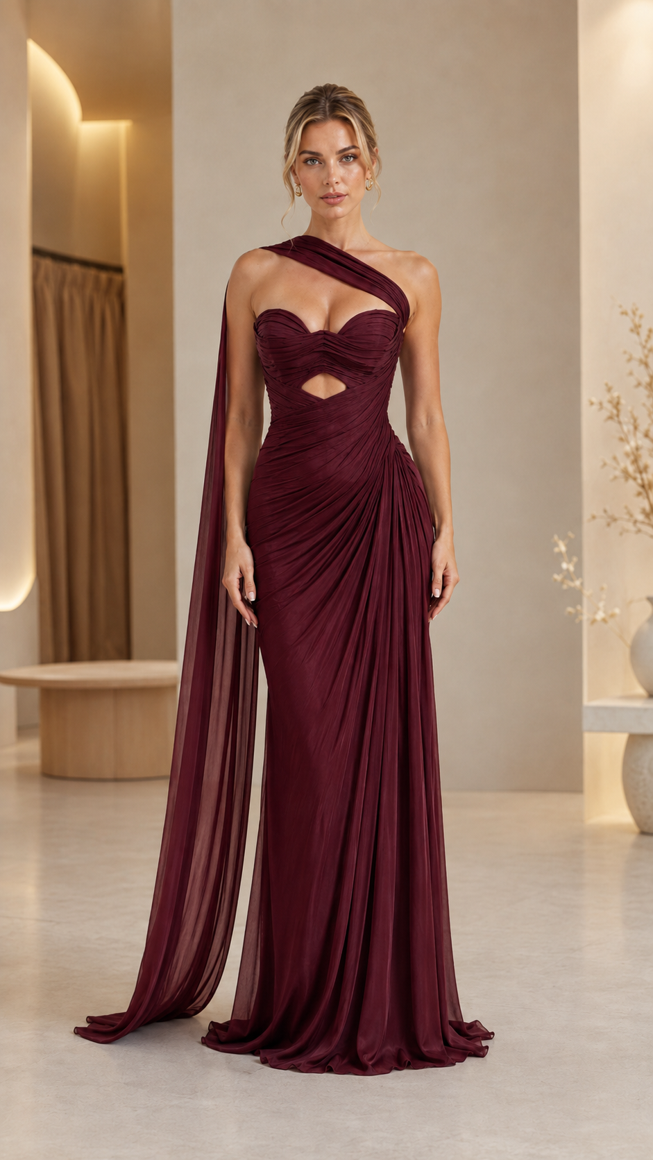 Burgundy one-shoulder evening gown with dramatic cape