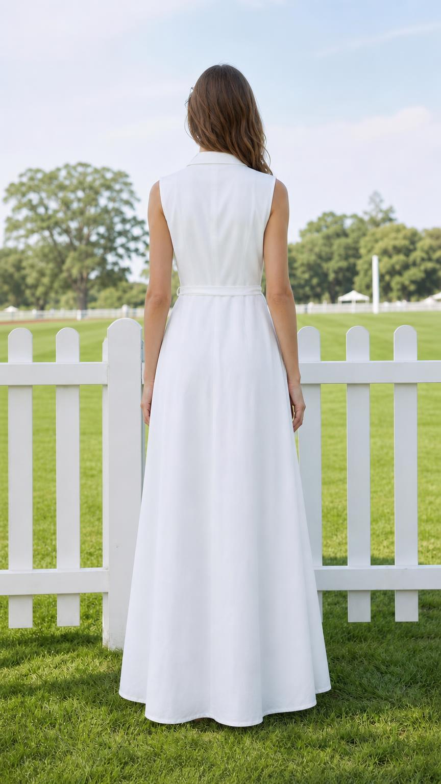 Back view of model in white maxi dress