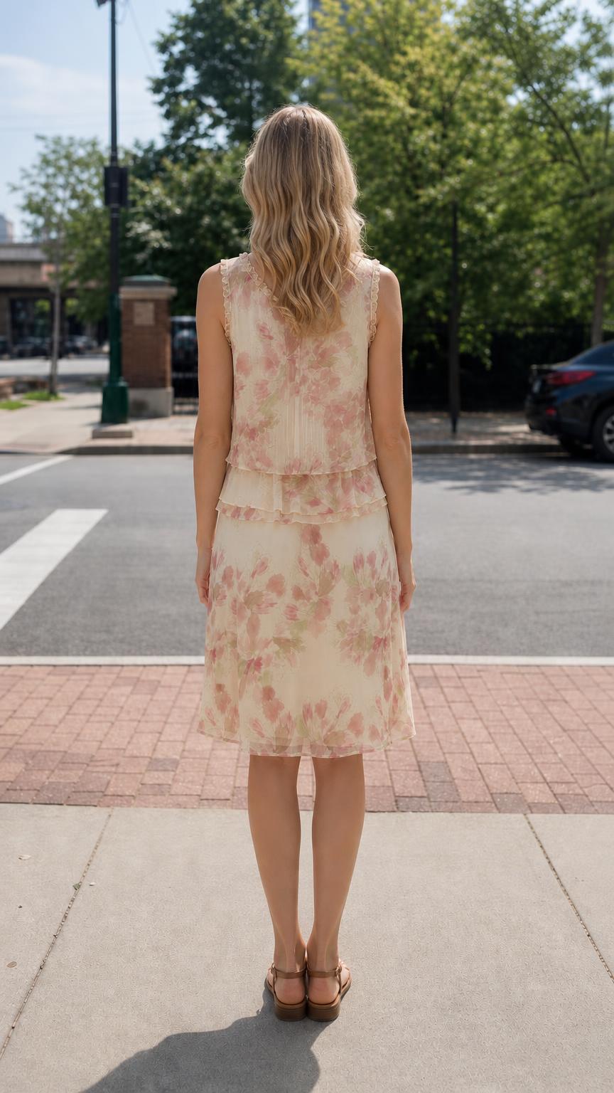 Back view of woman wearing Cream floral tiered dress