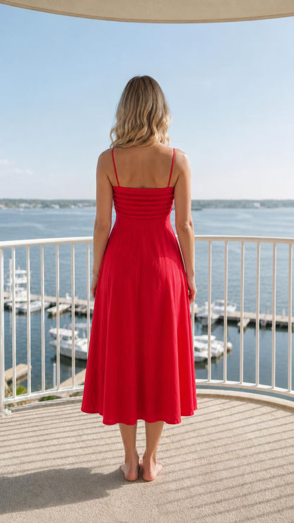 Back view of red midi dress with adjustable straps