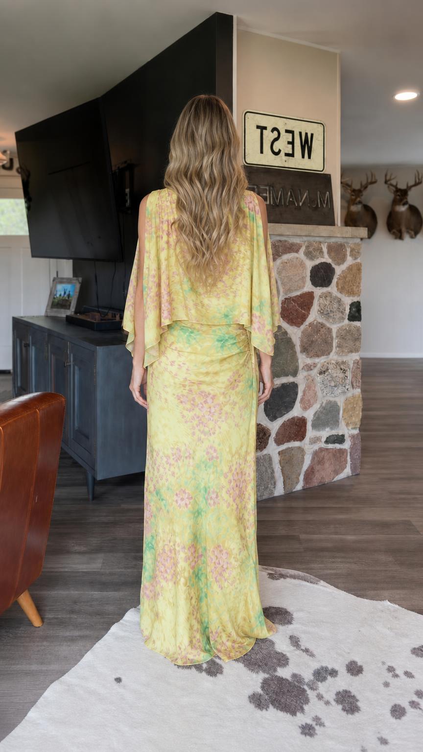 Back view of Yellow floral maxi dress