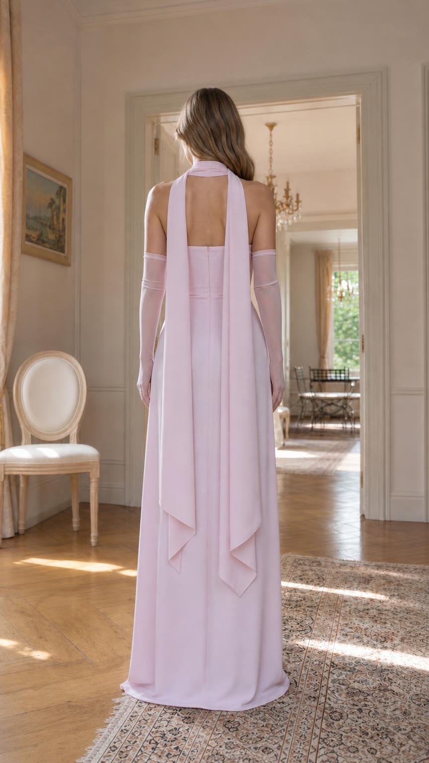 Pink maxi dress back view with cascading scarf detail