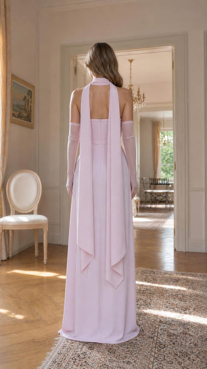 Pink maxi dress back view with cascading scarf detail