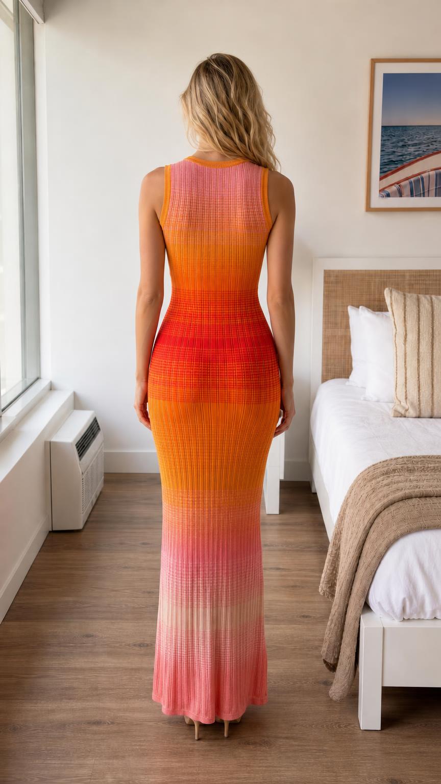 Model wearing Orange Ombre ribbed knit maxi dress, back view