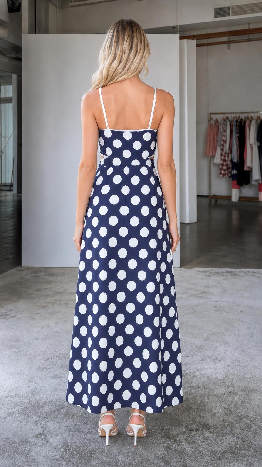 Back view of navy polka dot maxi dress
