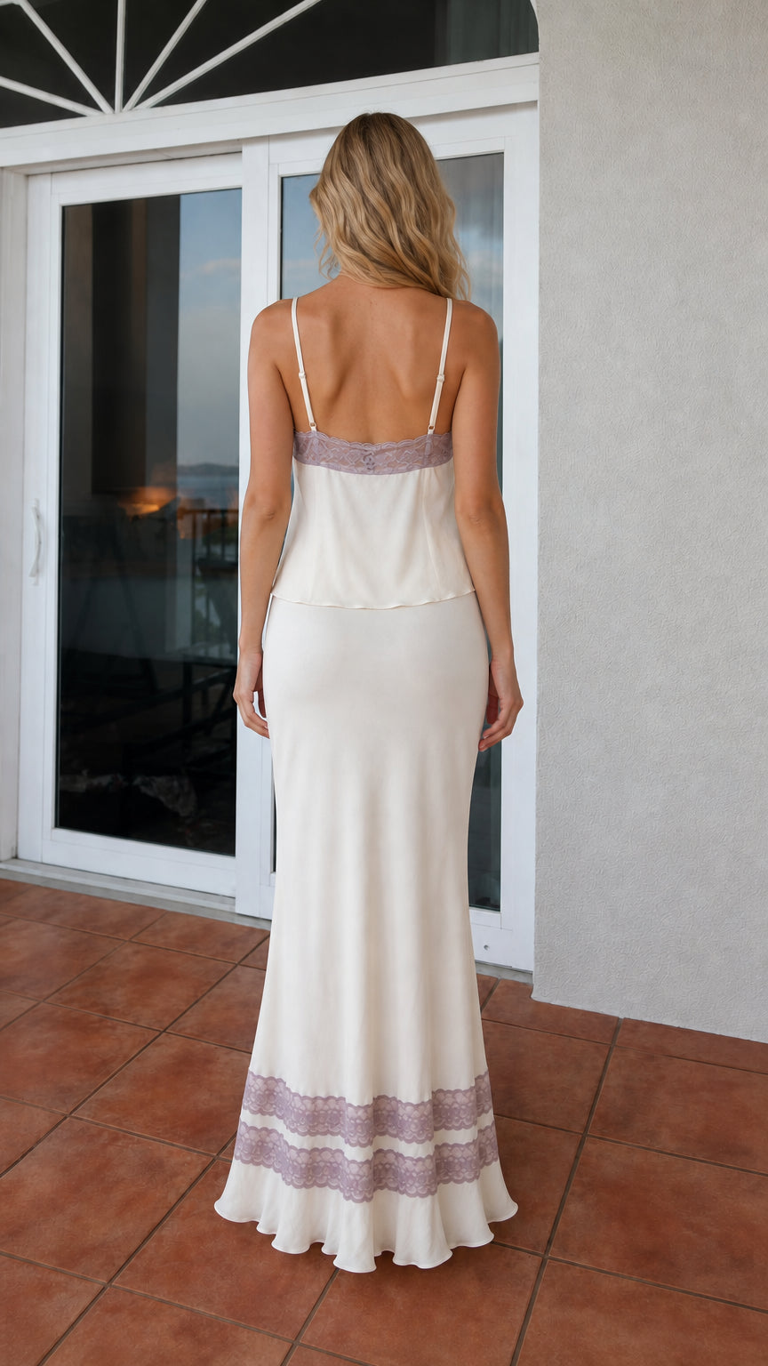 Back view of ivory satin two-piece set