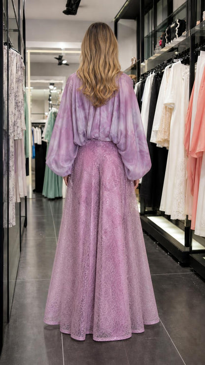 Model wearing lavender set back view