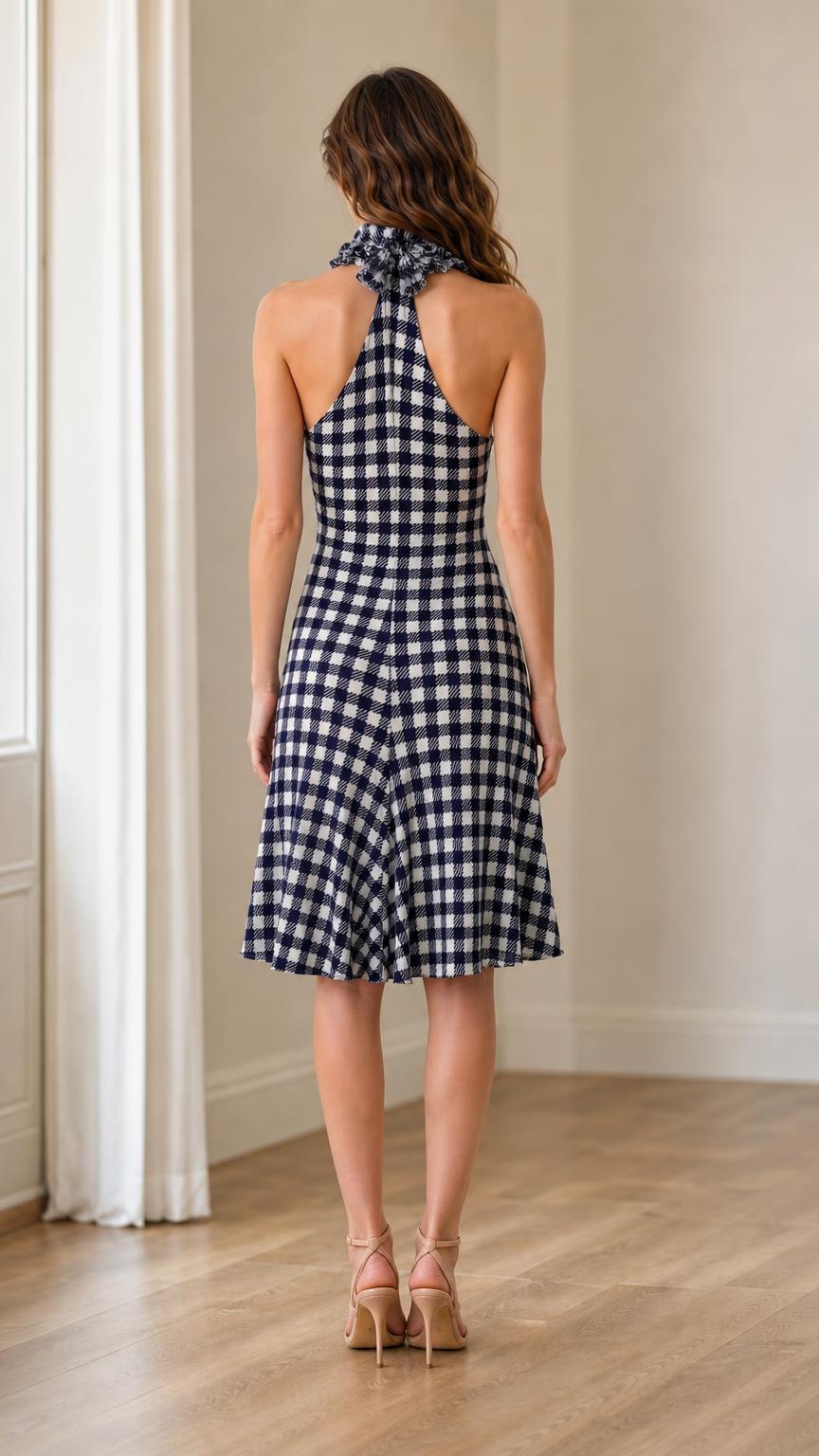 Back view of navy blue gingham halter midi dress