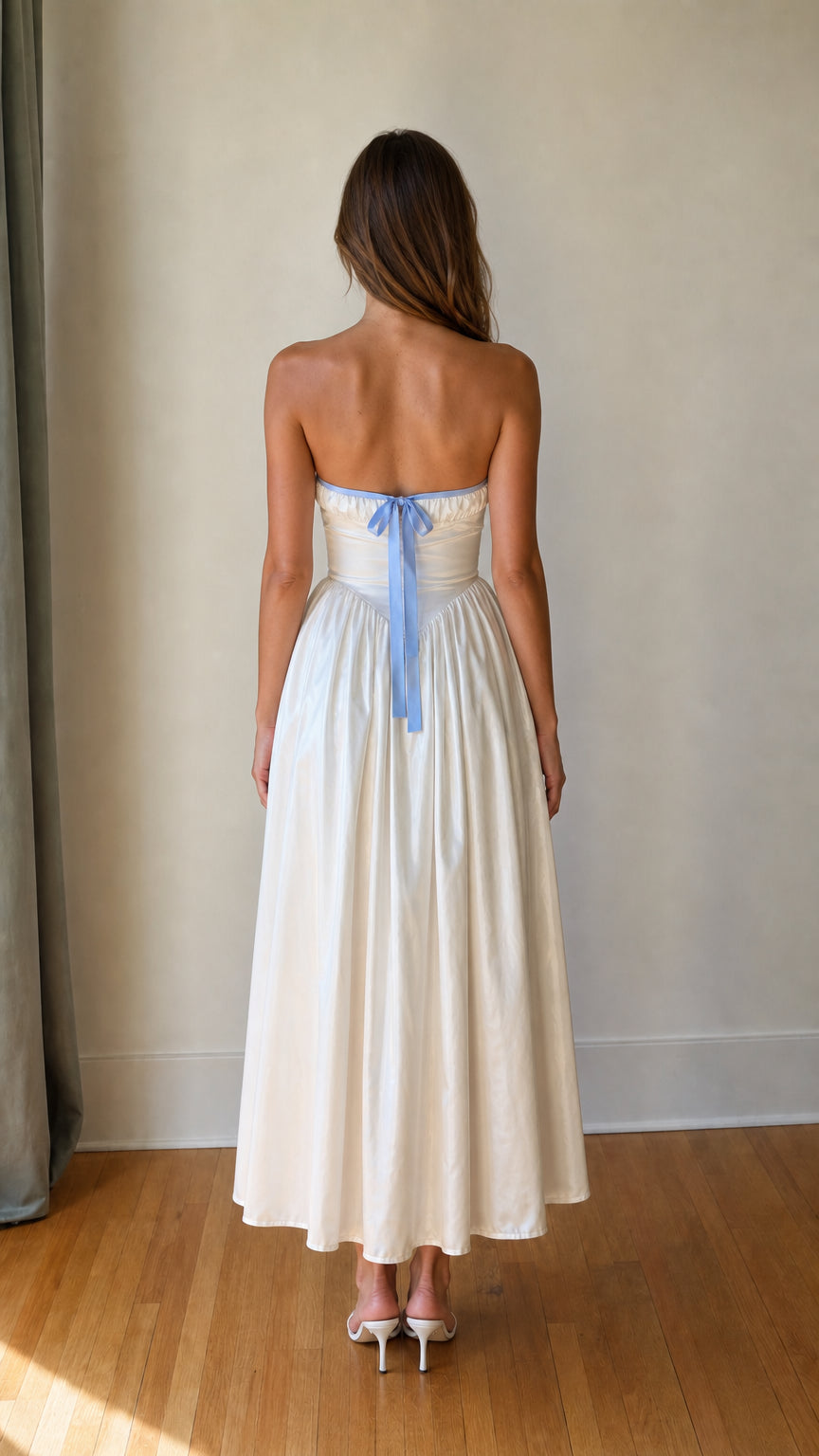 Back view of White strapless maxi dress showing tie detail