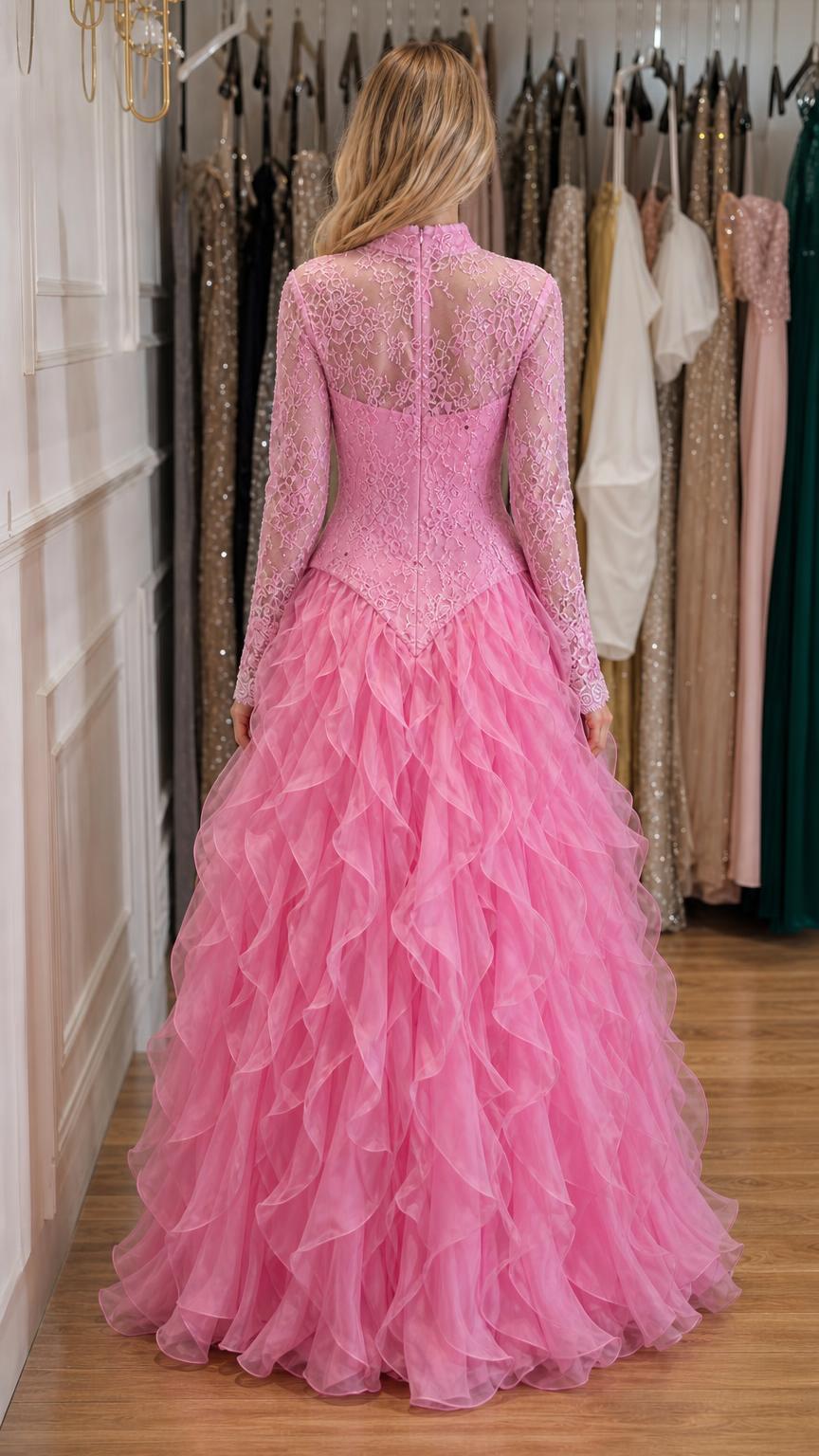 Back view of pink ruffled evening dress