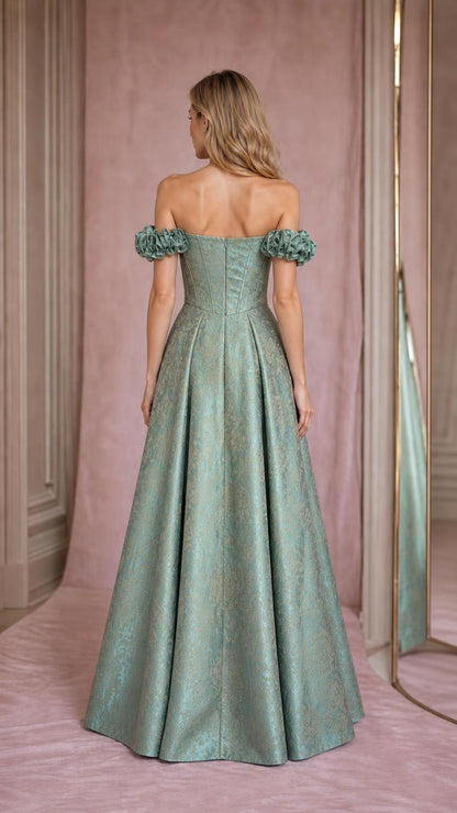 Back view of sage green evening gown showing structured back