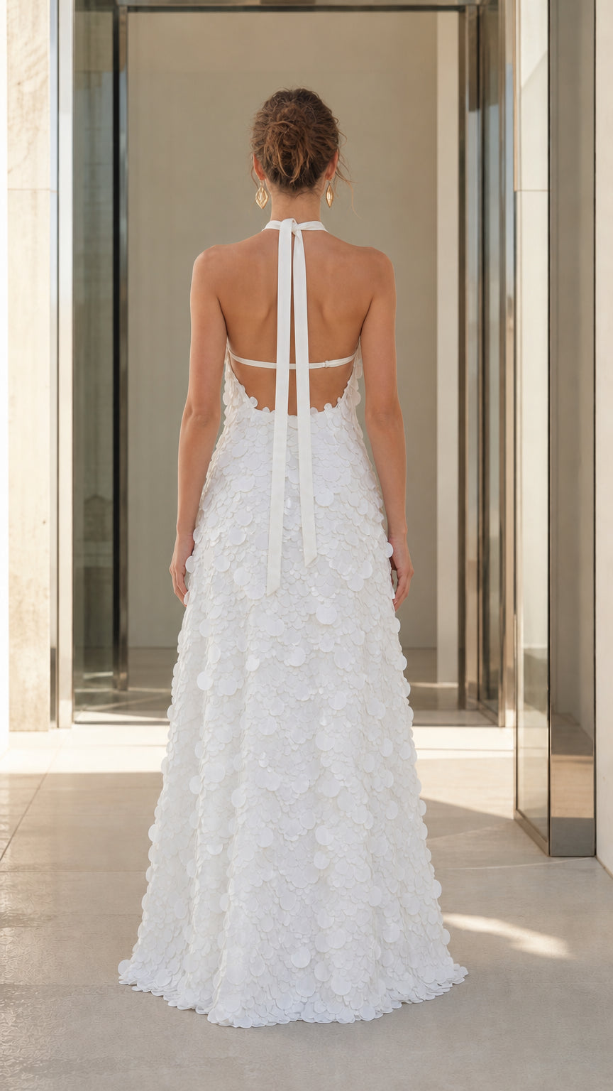 Back view of White halter dress with tie straps