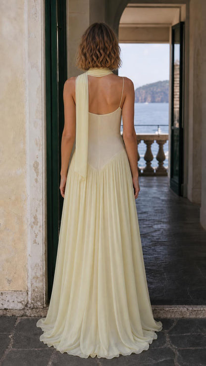 Back view showing draped scarf detail on Lemon Yellow maxi dress