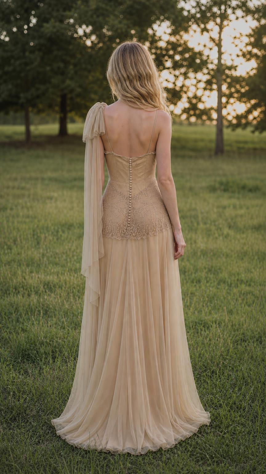 Back view showing button details and flowing shoulder drape